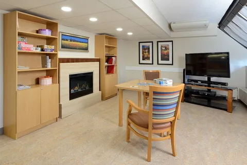 Room with a fireplace, wooden shelves, a table, chairs and a television