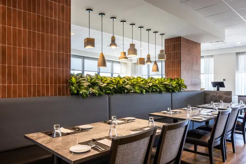 Dining tables set with plates and glasses beside a row of plants