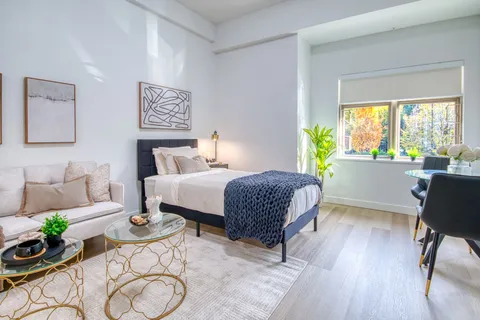 Studio suite with a bed, sofa and large window
