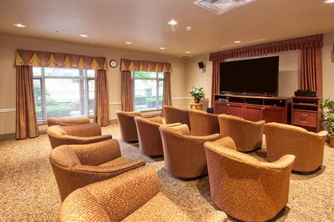 Cinema lounge with armchairs facing a television
